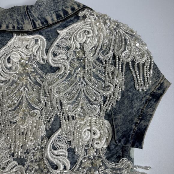 YMI Beaded Pearl Painted Denim Jacket Coquette Western Glam Festival Size S USA - Picture 7 of 13